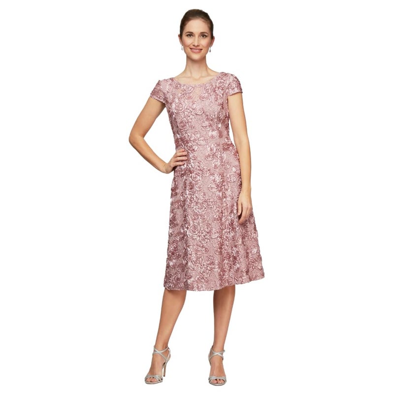 Alex Evenings Women's Tea Length Cap Sleeve Rosette Dress (Petite and Regular), Rose, 16 - Image 1